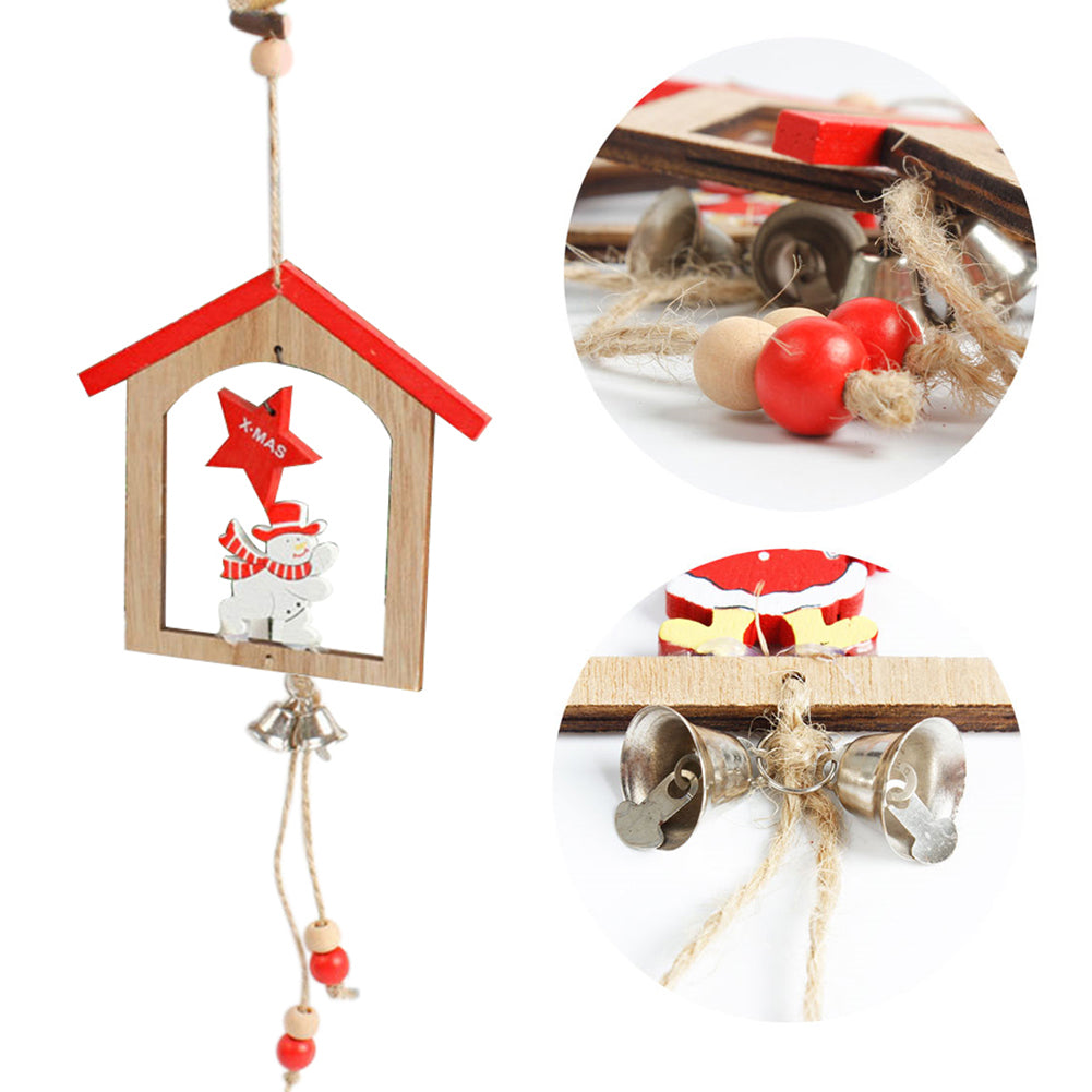 Creative Wooden Christmas House Bell Tassel Beads Hanging Pendant Xmas Ornament