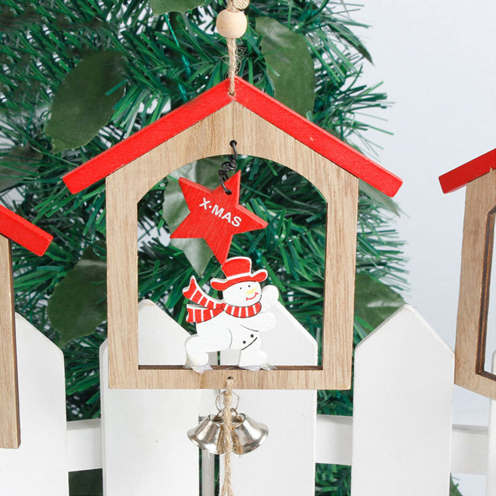 Creative Wooden Christmas House Bell Tassel Beads Hanging Pendant Xmas Ornament