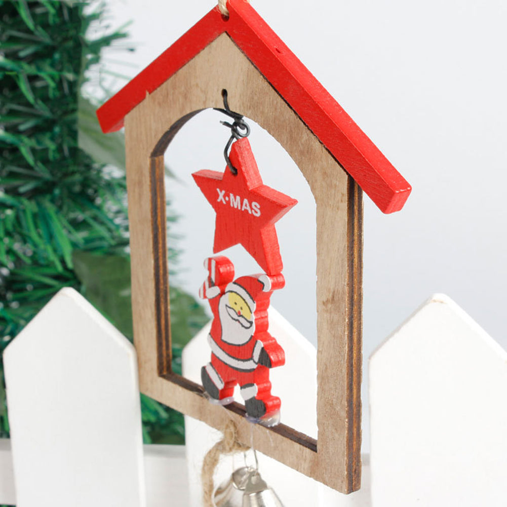 Creative Wooden Christmas House Bell Tassel Beads Hanging Pendant Xmas Ornament