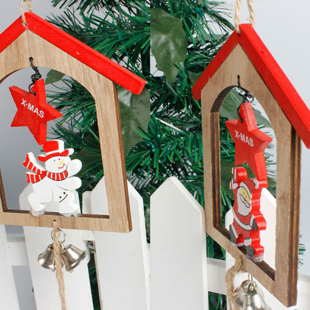 Creative Wooden Christmas House Bell Tassel Beads Hanging Pendant Xmas Ornament