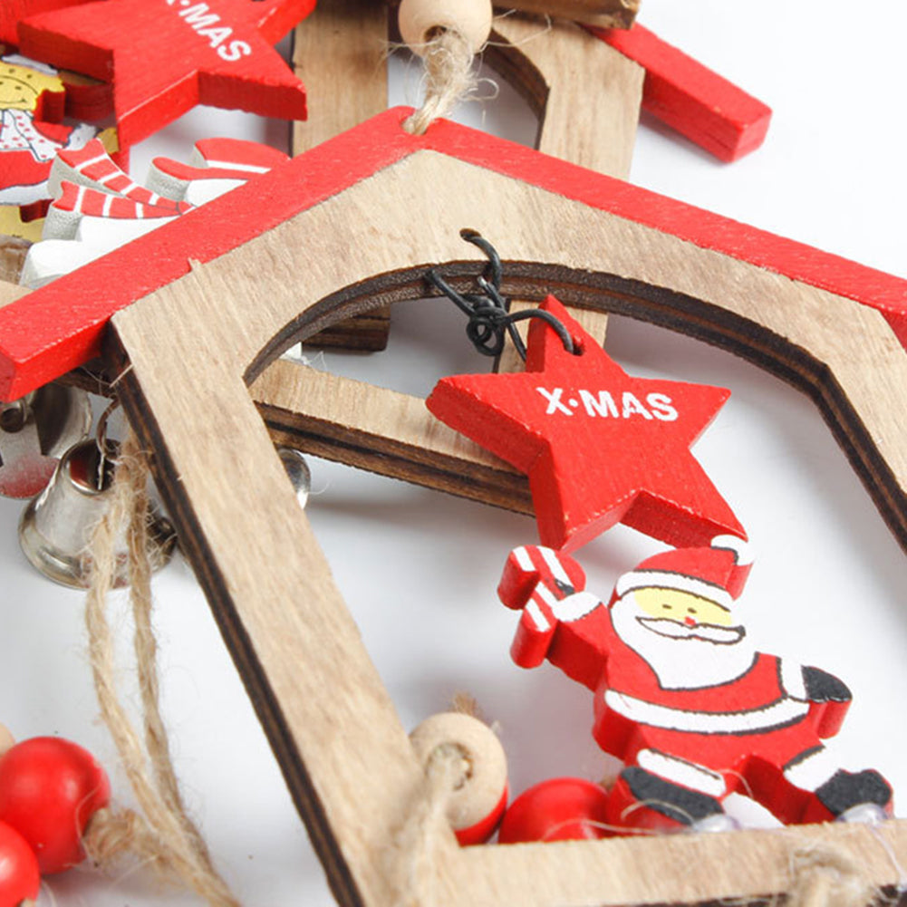 Creative Wooden Christmas House Bell Tassel Beads Hanging Pendant Xmas Ornament