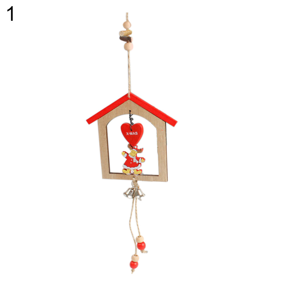 Creative Wooden Christmas House Bell Tassel Beads Hanging Pendant Xmas Ornament