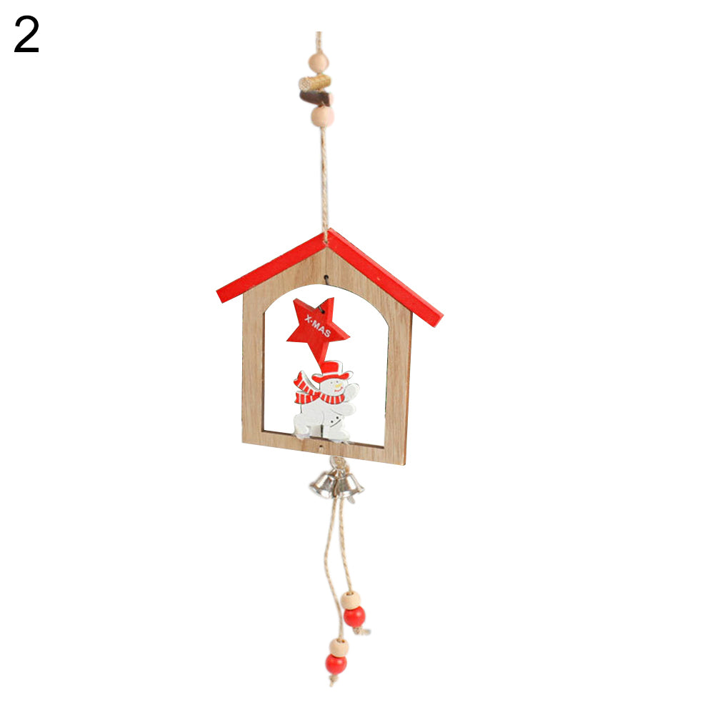 Creative Wooden Christmas House Bell Tassel Beads Hanging Pendant Xmas Ornament