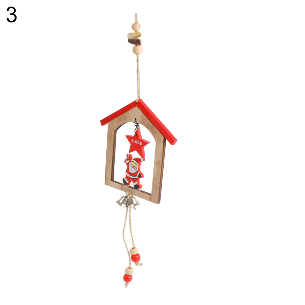Creative Wooden Christmas House Bell Tassel Beads Hanging Pendant Xmas Ornament