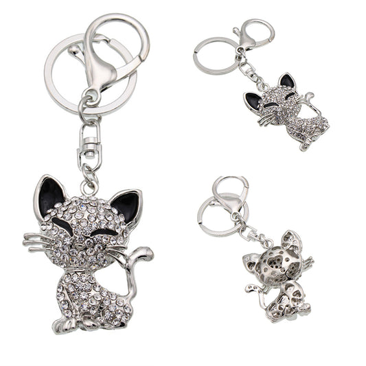 Cute Smiling Cat Rhinestone Keychain Clasp Key Ring Decor Tote Handbag Pendant