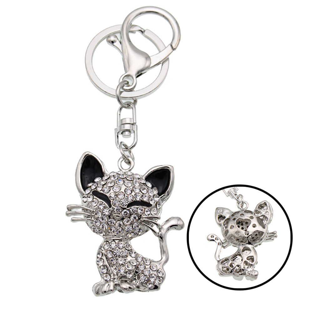 Cute Smiling Cat Rhinestone Keychain Clasp Key Ring Decor Tote Handbag Pendant