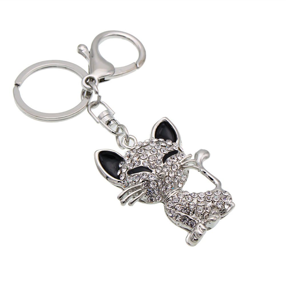 Cute Smiling Cat Rhinestone Keychain Clasp Key Ring Decor Tote Handbag Pendant