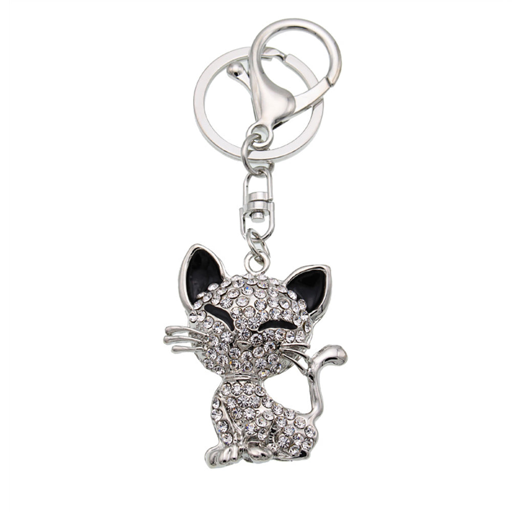 Cute Smiling Cat Rhinestone Keychain Clasp Key Ring Decor Tote Handbag Pendant