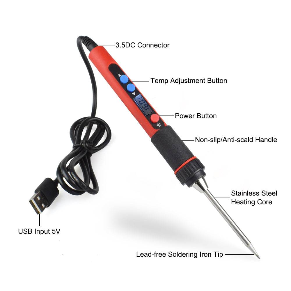 USB 5V 10W Digital Temp Adjustable Soldering Iron Kit Portable Lead-Free Welding Rework Station with Switch Tool Box