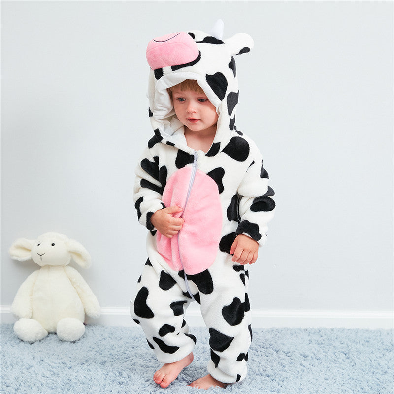Cow Flannel Kids Pajamas Animal Cosplay Onesies Children Sleepwear For Boys Girls Jumpsuit Hooded for 1-24month JY-004