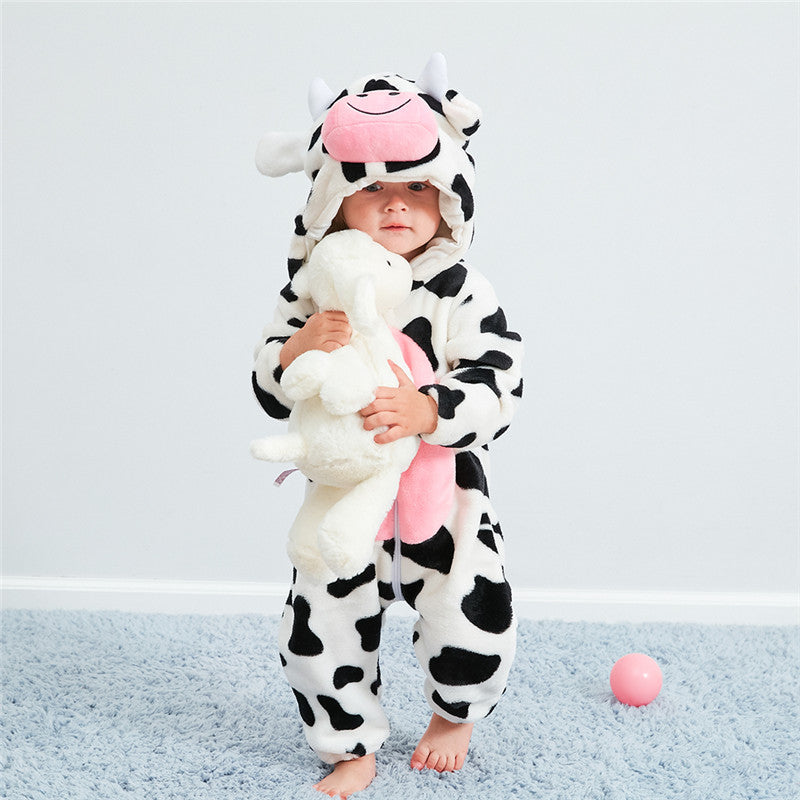 Cow Flannel Kids Pajamas Animal Cosplay Onesies Children Sleepwear For Boys Girls Jumpsuit Hooded for 1-24month JY-004