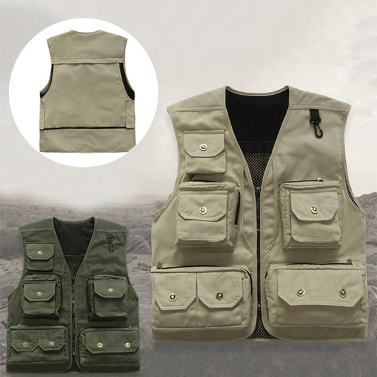 Fashion Sleeveless Solid Color Pocket Vest Men Casual Electrician Waistcoat