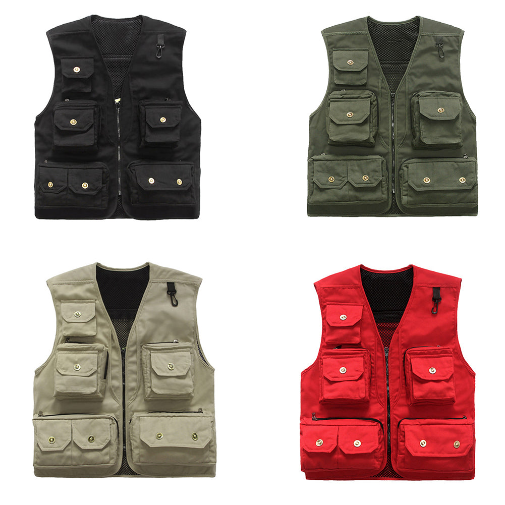 Fashion Sleeveless Solid Color Pocket Vest Men Casual Electrician Waistcoat