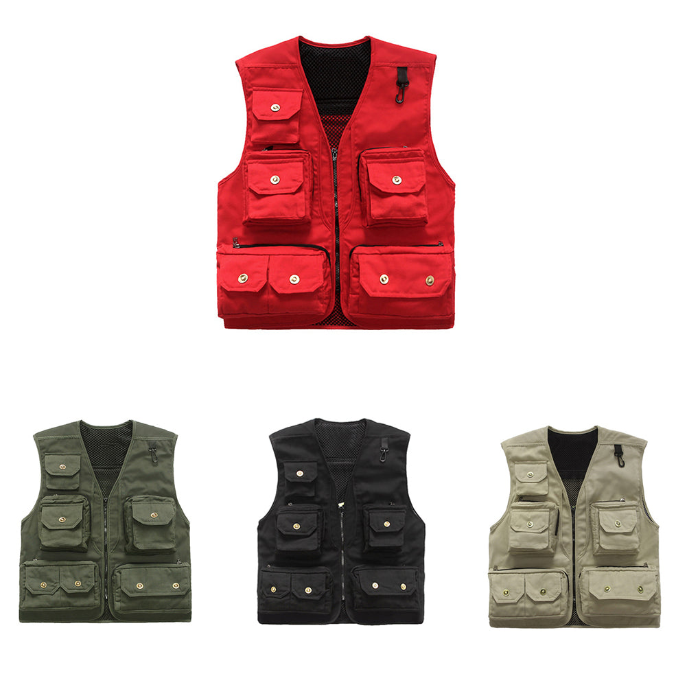 Fashion Sleeveless Solid Color Pocket Vest Men Casual Electrician Waistcoat