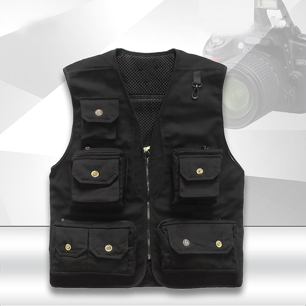 Fashion Sleeveless Solid Color Pocket Vest Men Casual Electrician Waistcoat