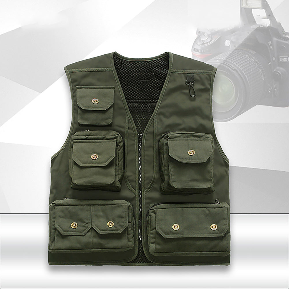 Fashion Sleeveless Solid Color Pocket Vest Men Casual Electrician Waistcoat