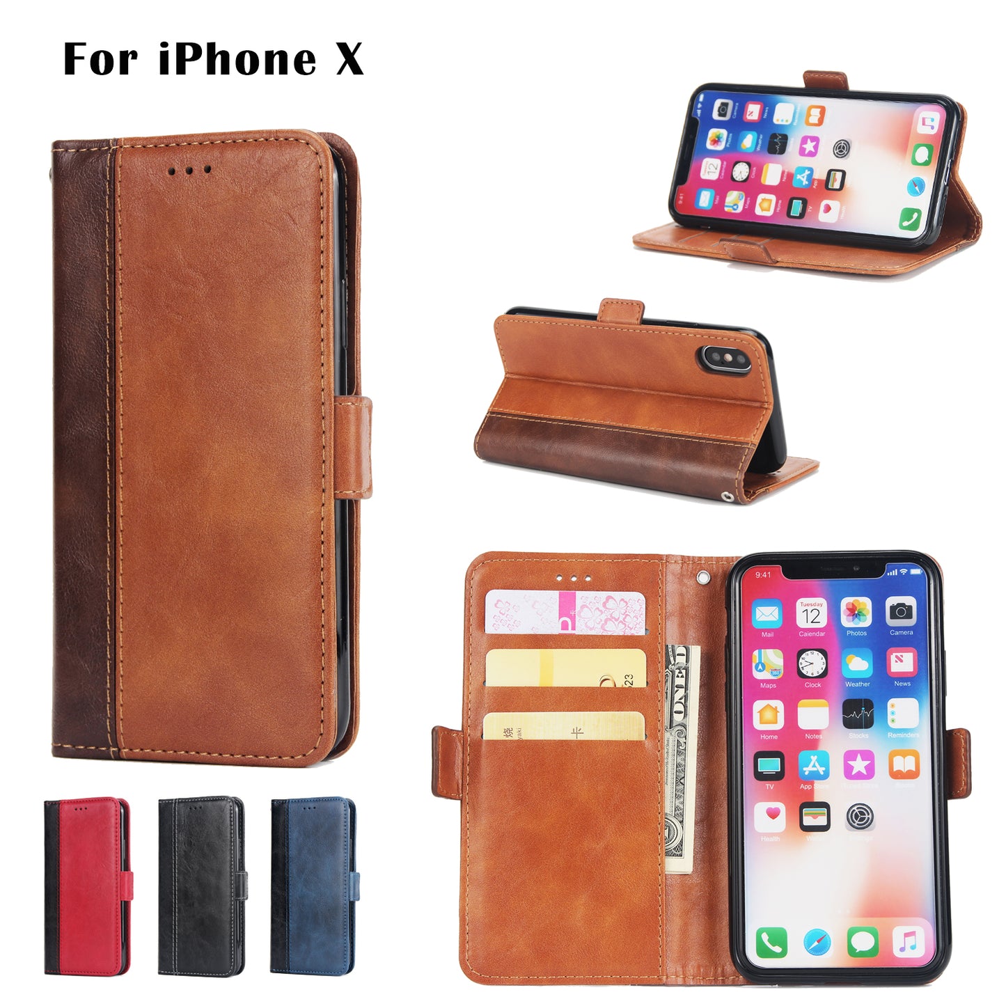Retro Grain Contrast Color Stitching Mobile Phone Protection Leather Case Flip Cover Protective Shell for iPhone X iphone xs