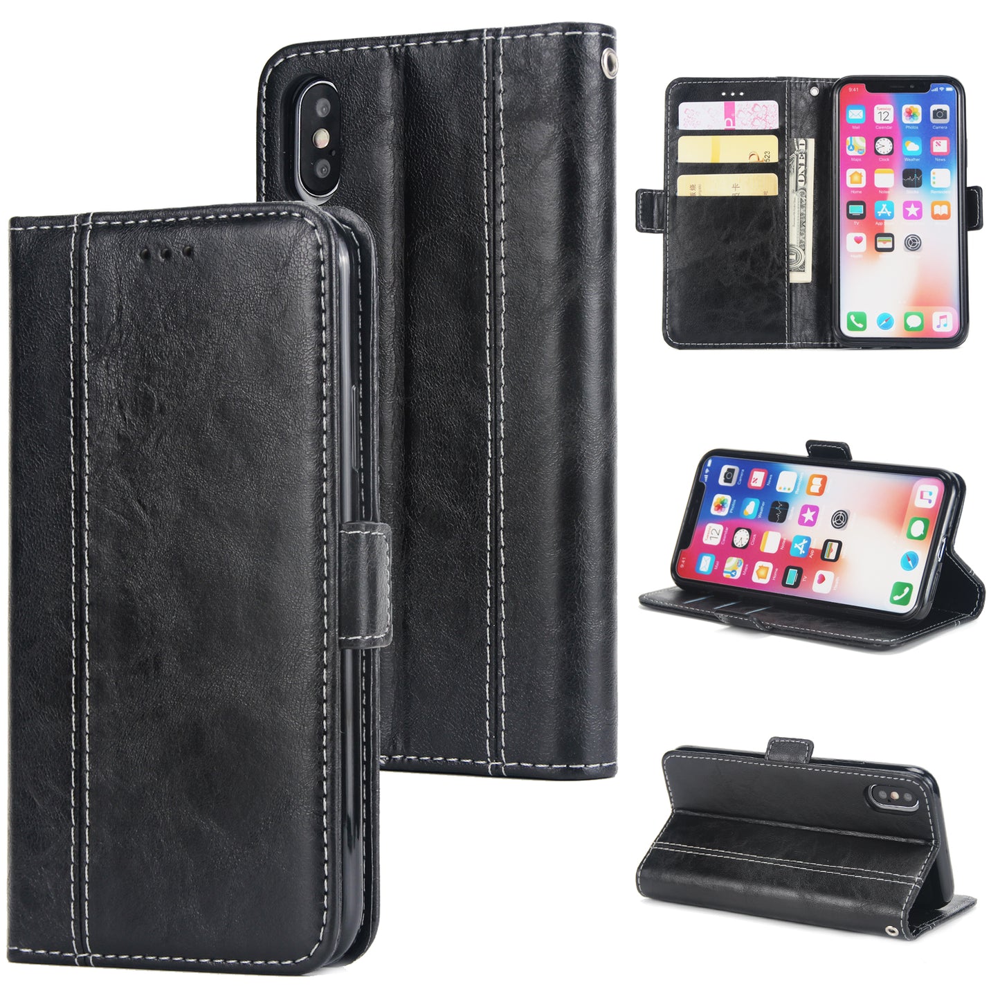 Retro Grain Contrast Color Stitching Mobile Phone Protection Leather Case Flip Cover Protective Shell for iPhone X iphone xs