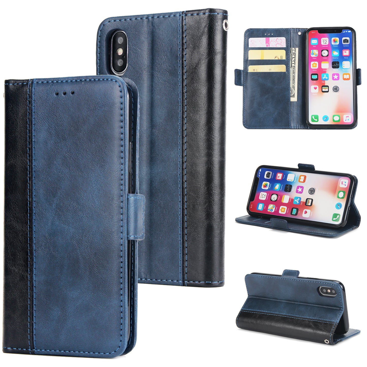 Retro Grain Contrast Color Stitching Mobile Phone Protection Leather Case Flip Cover Protective Shell for iPhone X iphone xs