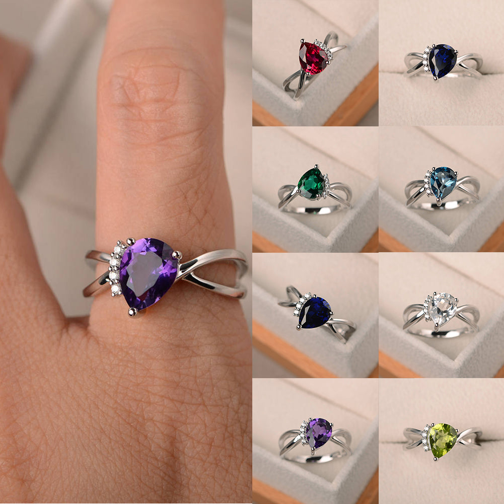 Fashion Women Drop Pear Faux Gem Rhinestone Inlaid Slim Band Party Ring Jewelry