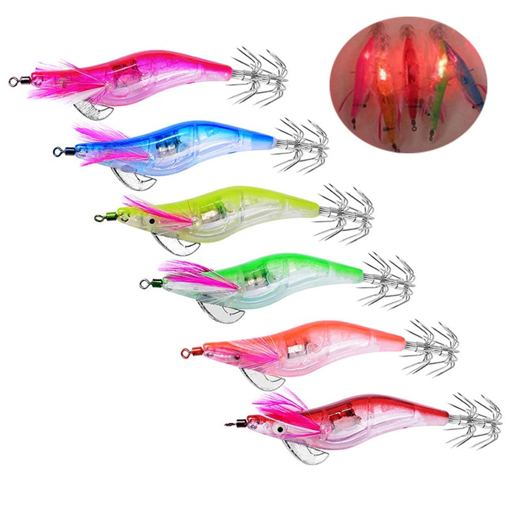 6Pcs Electronic LED Light Night Fishing Lure Shrimp Jigs Bait Fish Tackle Set
