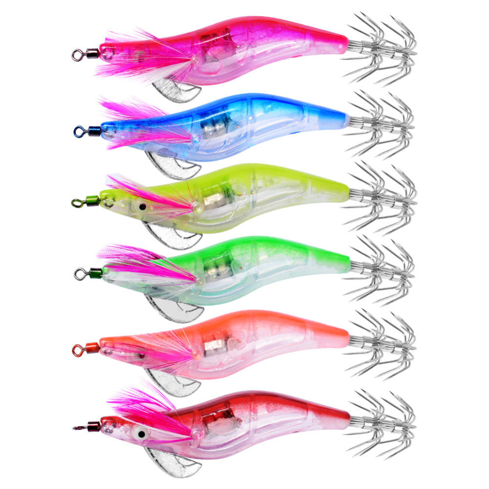 6Pcs Electronic LED Light Night Fishing Lure Shrimp Jigs Bait Fish Tackle Set