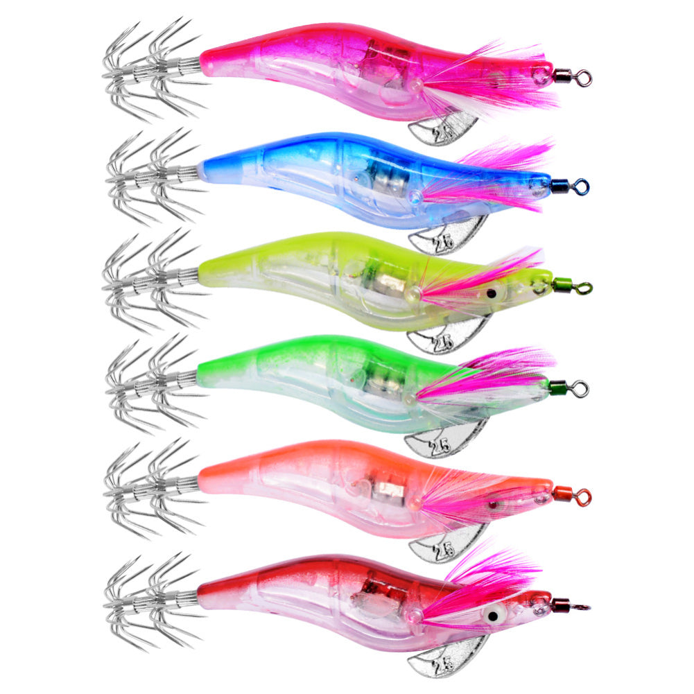 6Pcs Electronic LED Light Night Fishing Lure Shrimp Jigs Bait Fish Tackle Set
