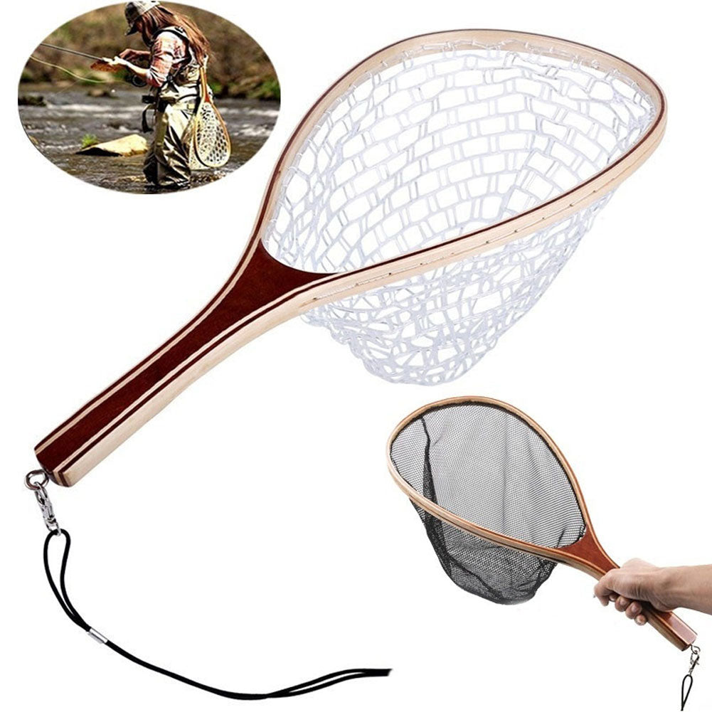 Wooden Handle Rubber/Nylon Mesh Fly Fishing Landing Net Catch Release Scoop