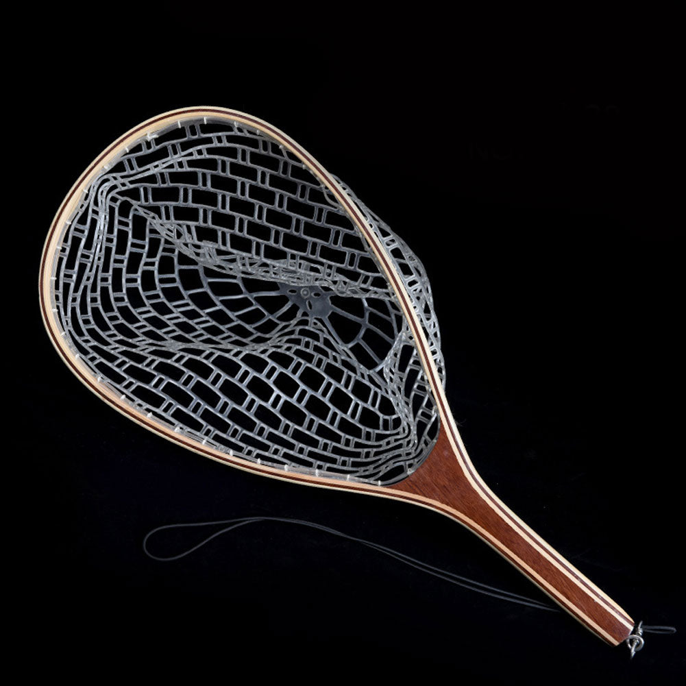 Wooden Handle Rubber/Nylon Mesh Fly Fishing Landing Net Catch Release Scoop