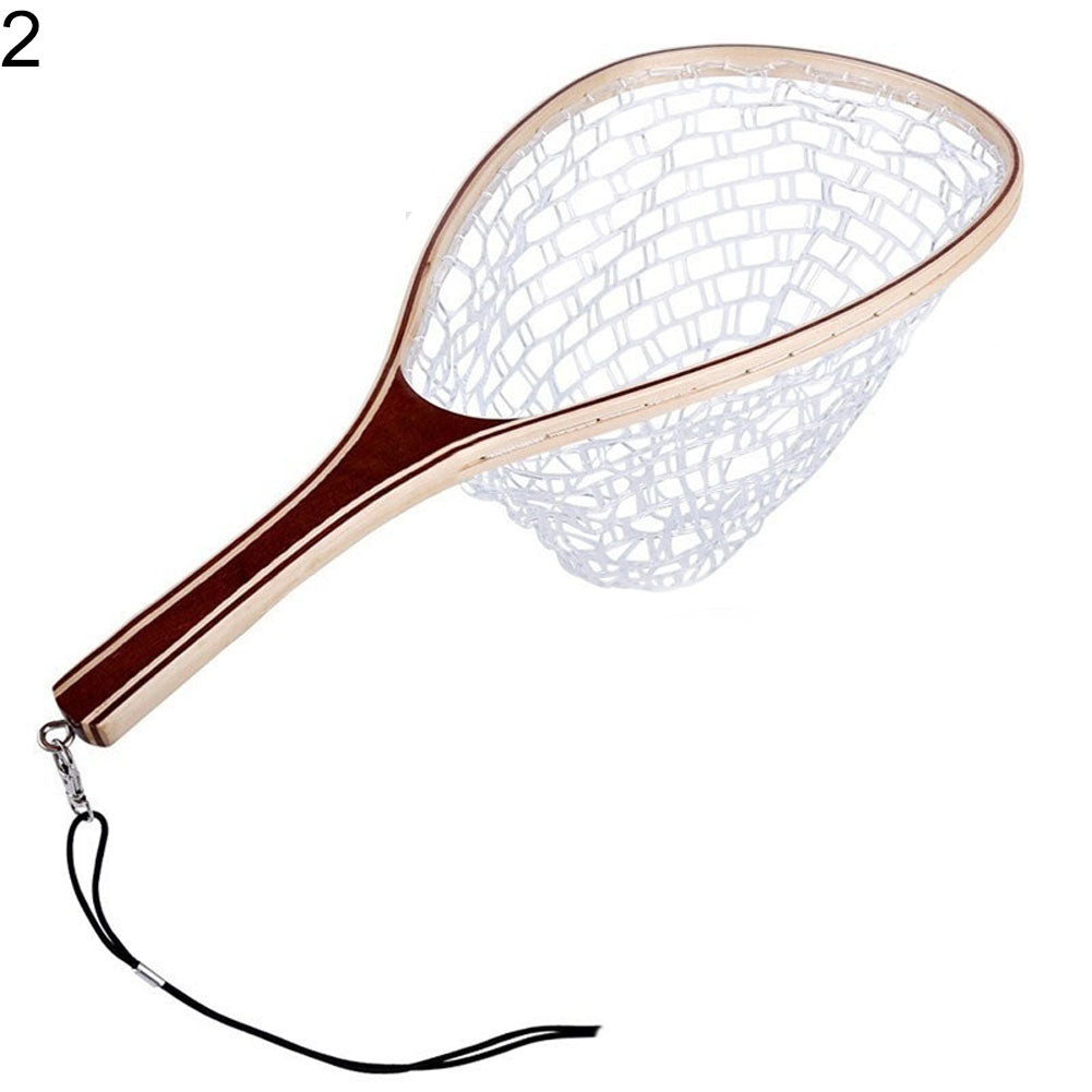 Wooden Handle Rubber/Nylon Mesh Fly Fishing Landing Net Catch Release Scoop