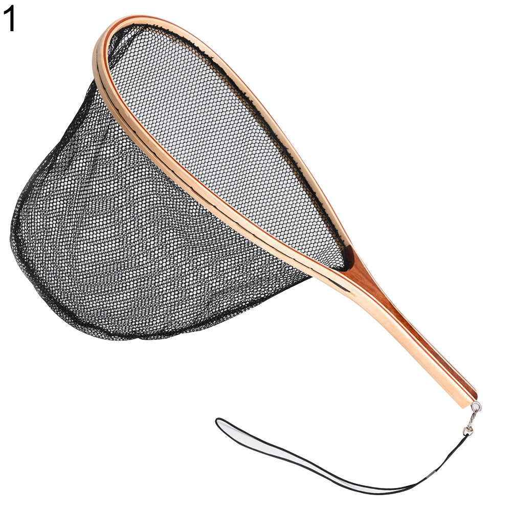 Wooden Handle Rubber/Nylon Mesh Fly Fishing Landing Net Catch Release Scoop