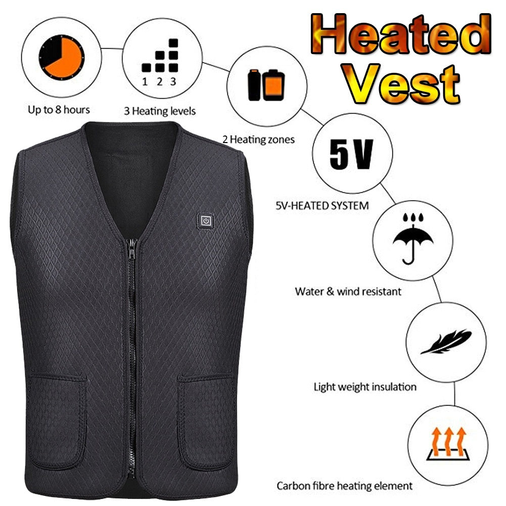 Zipper Pocket Sleeveless USB Electric Heating Winter Warm Unisex Vest Waistcoat