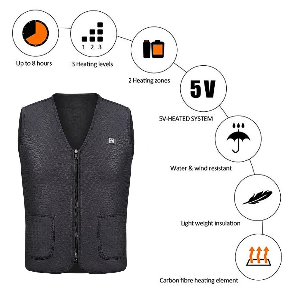 Zipper Pocket Sleeveless USB Electric Heating Winter Warm Unisex Vest Waistcoat