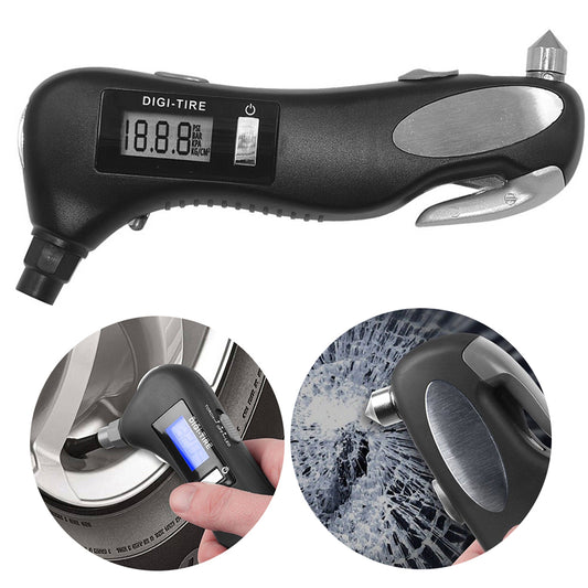 Portable Digital Tire Pressure Gauge Flashlight Window Breaker Seat Belt Cutter