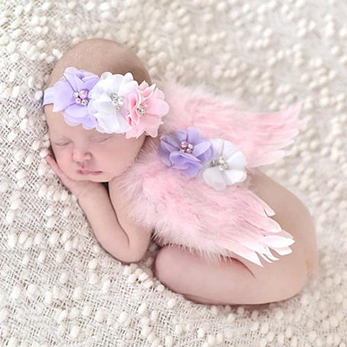 Newborn Kids Baby Lovely Feather Angel Wings Flower Hair Band Photography Props