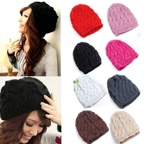 Women's Sweet Knit Crochet Ski Hat Winter Warm Braided Baggy Beret Beanie Cap