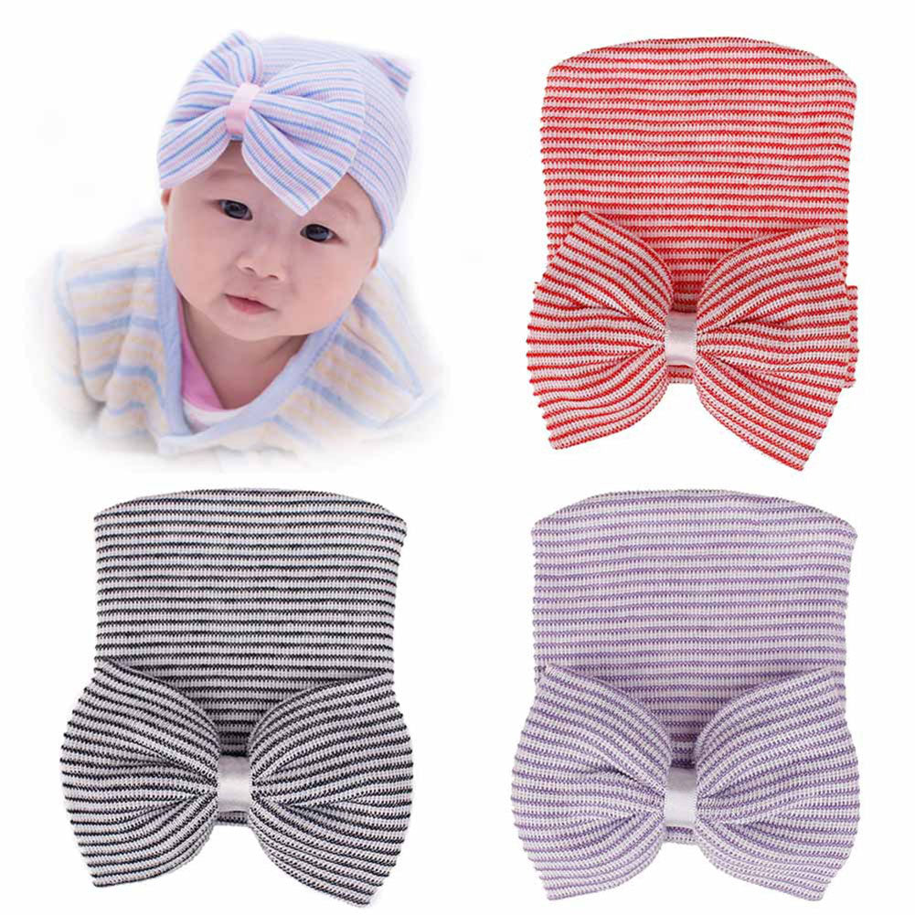 Lovely Newborn Baby Big Bow Striped Beanie Cap Photography Prop Knitted Hat