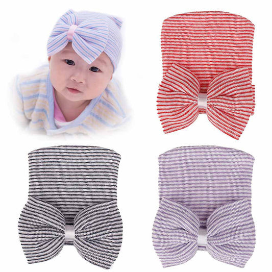 Lovely Newborn Baby Big Bow Striped Beanie Cap Photography Prop Knitted Hat