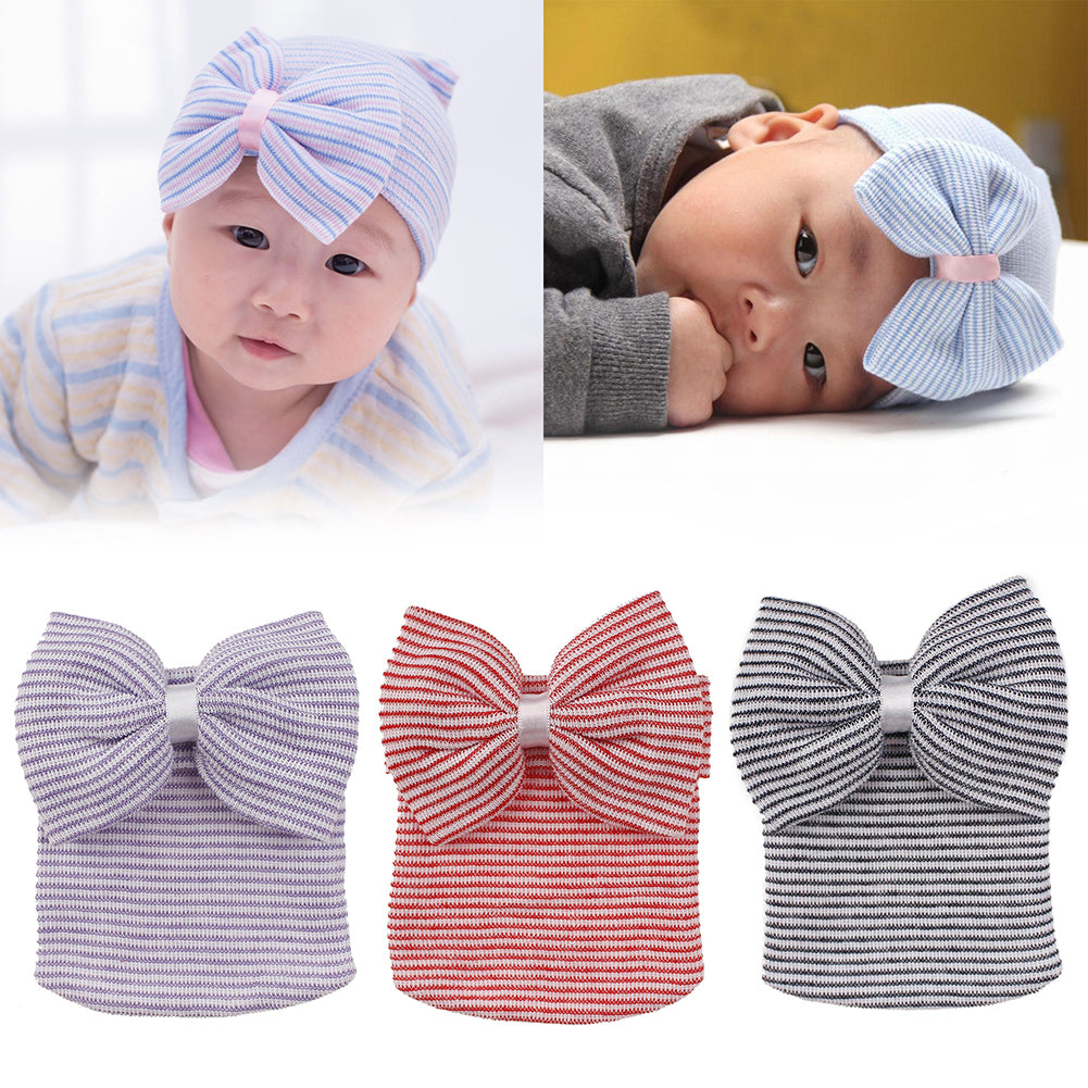 Lovely Newborn Baby Big Bow Striped Beanie Cap Photography Prop Knitted Hat