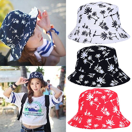 Fashion Coconut Tree Print Flat Bucket Hat Outdoor Travel Sun Beach Women Cap