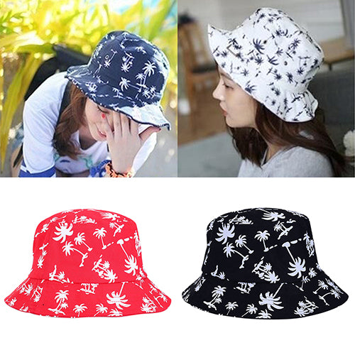 Fashion Coconut Tree Print Flat Bucket Hat Outdoor Travel Sun Beach Women Cap