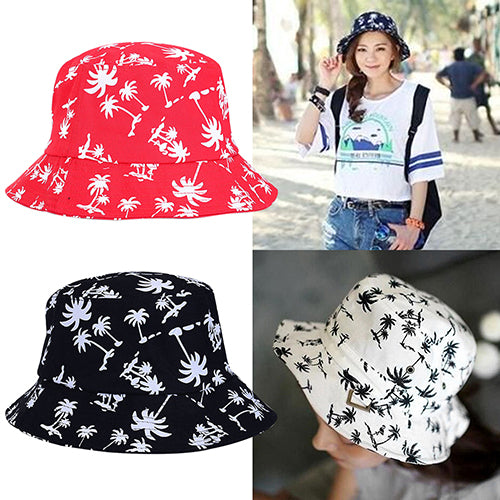 Fashion Coconut Tree Print Flat Bucket Hat Outdoor Travel Sun Beach Women Cap