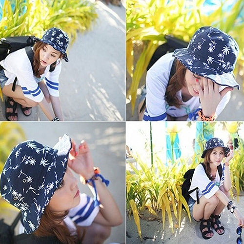 Fashion Coconut Tree Print Flat Bucket Hat Outdoor Travel Sun Beach Women Cap