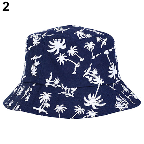 Fashion Coconut Tree Print Flat Bucket Hat Outdoor Travel Sun Beach Women Cap
