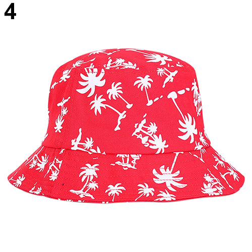 Fashion Coconut Tree Print Flat Bucket Hat Outdoor Travel Sun Beach Women Cap