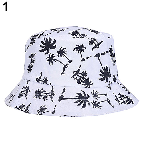 Fashion Coconut Tree Print Flat Bucket Hat Outdoor Travel Sun Beach Women Cap