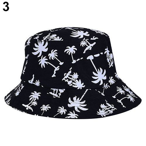 Fashion Coconut Tree Print Flat Bucket Hat Outdoor Travel Sun Beach Women Cap