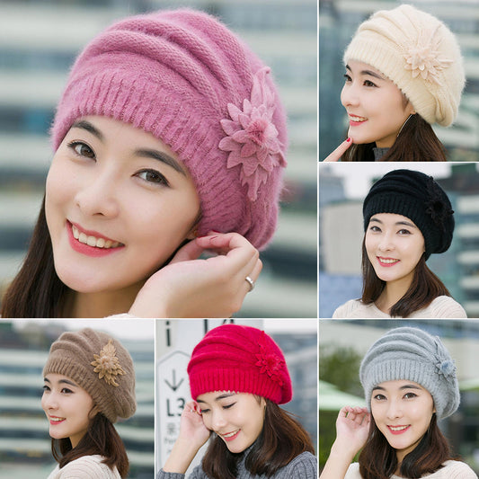 Women Sweet Flower Solid Color Knit Crochet Baggy Beanie Hat Winter Warm Cap