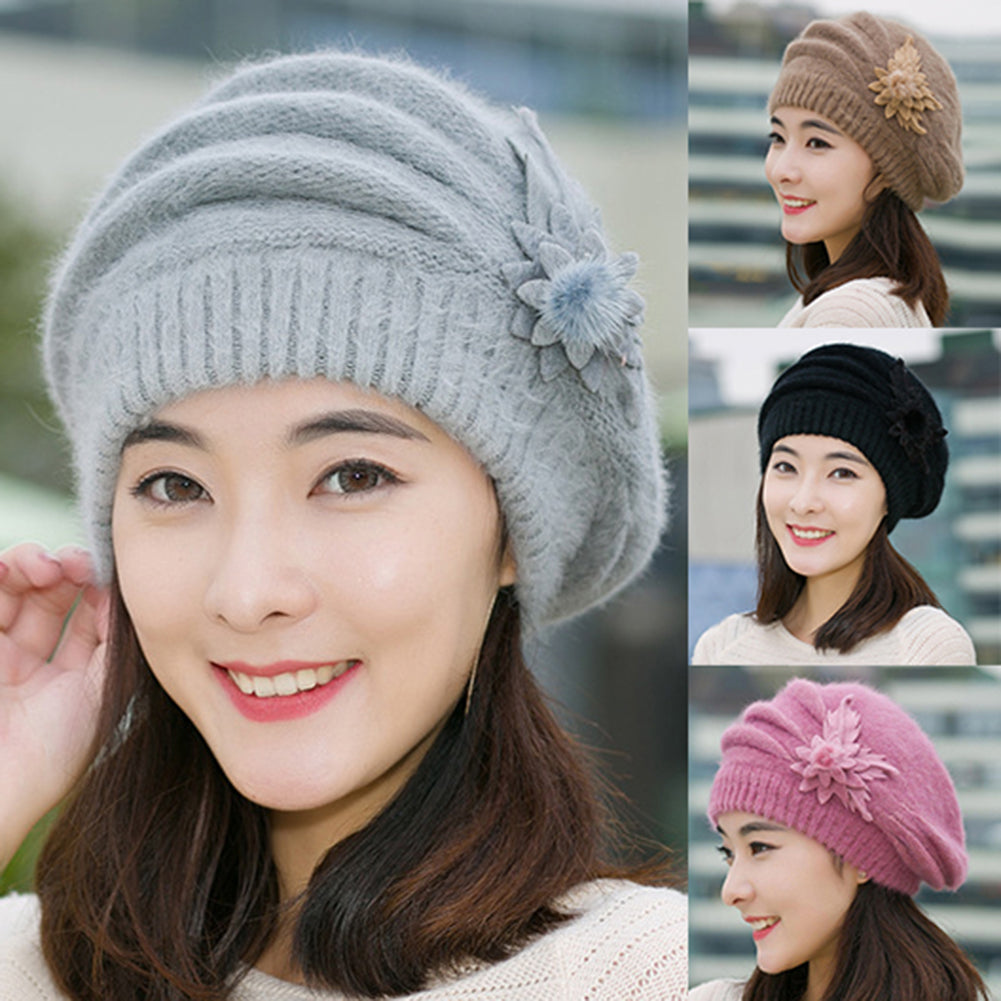 Women Sweet Flower Solid Color Knit Crochet Baggy Beanie Hat Winter Warm Cap