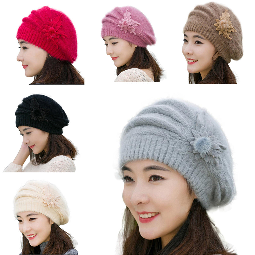 Women Sweet Flower Solid Color Knit Crochet Baggy Beanie Hat Winter Warm Cap